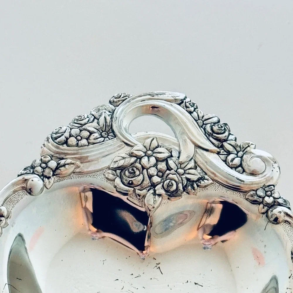 Vintage Heart Silver Plate Trinket Dish Floral Repousse Rose Japan Catchall 6